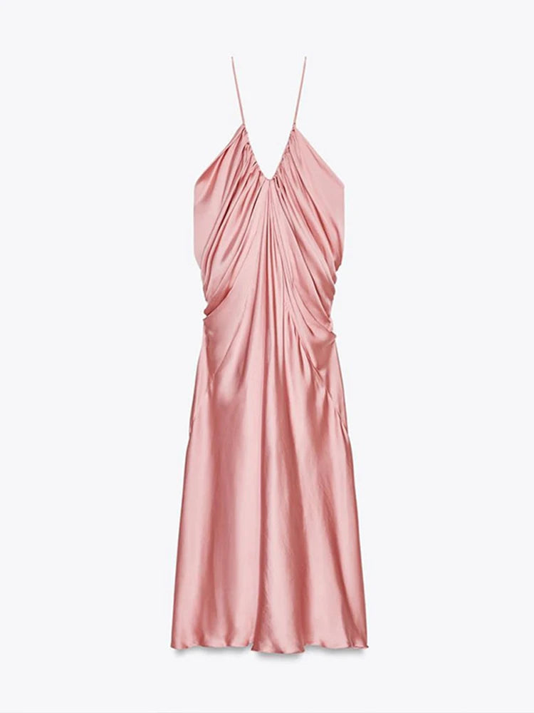 Sexy V-neck Sling Backless Long Dresses Fashion Solid Sleeveless Pleated Hip Packet Maxi Dress Summer Chic Evening Party Robes