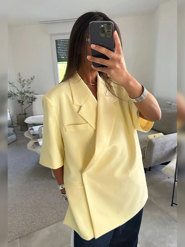 Chic Yellow Women's Lace Up Jacket Elegant Lapel V Neck Long Sleeves Wide Shoulder Loose Coat 2025 Autumn Female High Streetwear