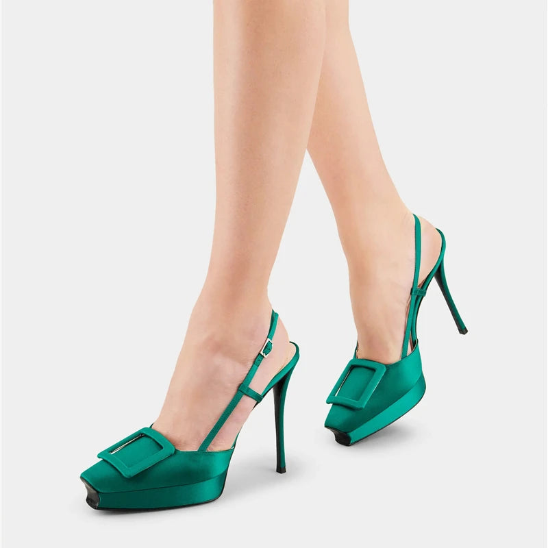 Brand Big Buckle Women Shoes Summer Square-toe Platform Stiletto Shoe Fashion Closed Toe  Strap High-Heeled Formal Dress Sandals