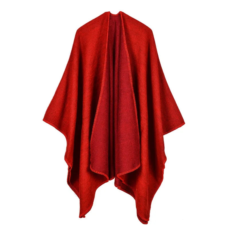 Autumn Winter Solid Color Imitation Cashmere Large Fork Shawl Warm Monochrome Cloak  Ponchos Capes Navy