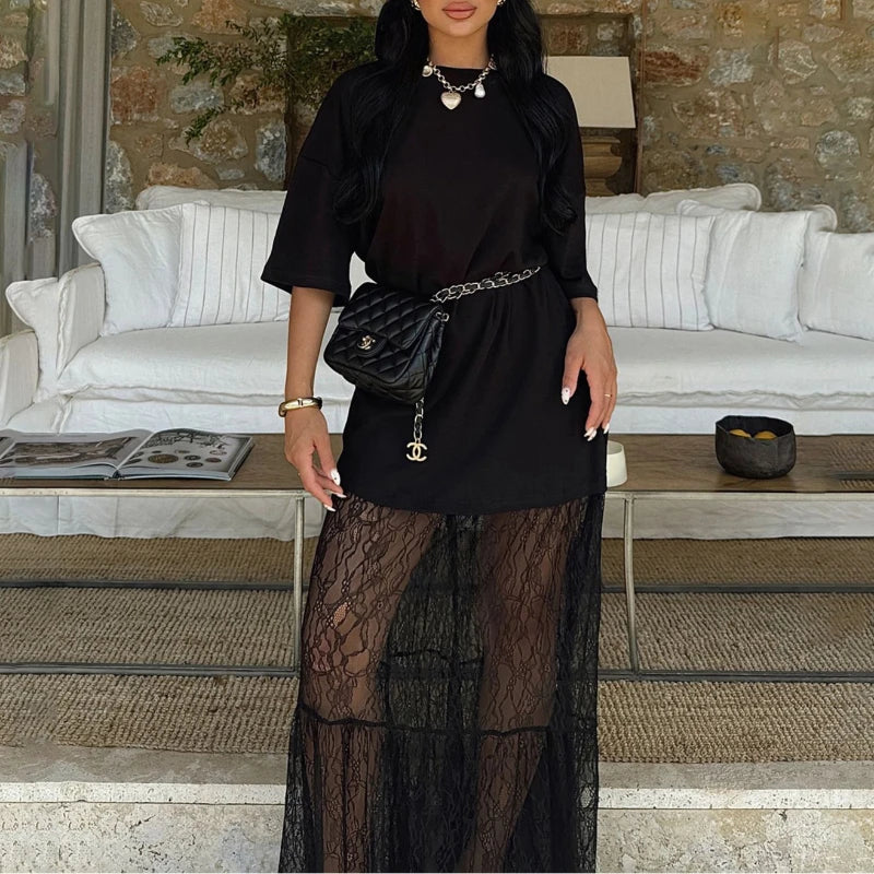 Lace Dress Round Neck Sweater Stitching Lace Skirt 2025 Spring and Summer Sexy Spice Women's Dress