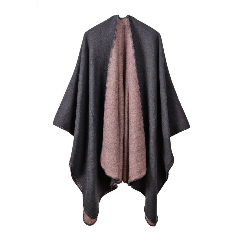 Autumn Winter Solid Color Imitation Cashmere Large Fork Shawl Warm Monochrome Cloak  Ponchos Capes Navy