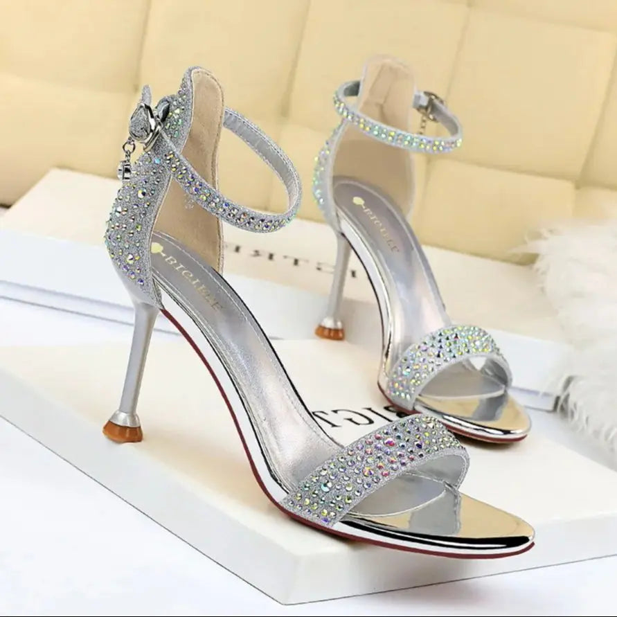 Women Summer Sandals High Heels Rhinestone Crystal Middle Heels Ankle Wedding Event Party Gold Shoes Elegant  1688-3