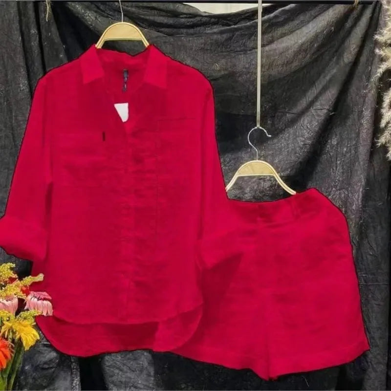 Summer Cotton Linen Casual Home 2 Piece Set For Women 2025 Fashion White Long Sleeve Shirt And Shorts Two Piece Sets Tracksuit