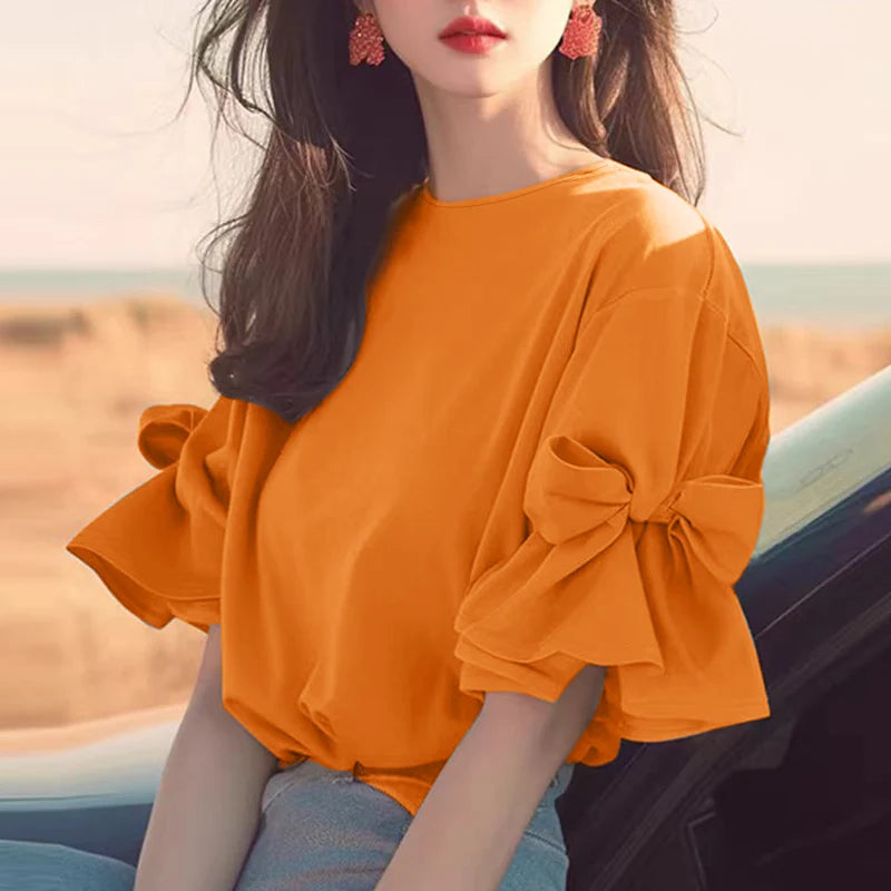 ZANZEA 2025 Summer Tops Women Bow Tie Ruffles Chiffon Blouse Elegant Lantern Short Sleeve Shiirt Vintage Patchwork Korean Tunic