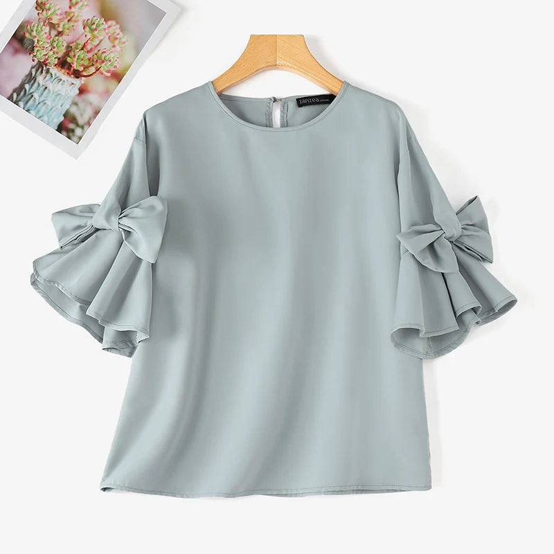 ZANZEA 2025 Summer Tops Women Bow Tie Ruffles Chiffon Blouse Elegant Lantern Short Sleeve Shiirt Vintage Patchwork Korean Tunic