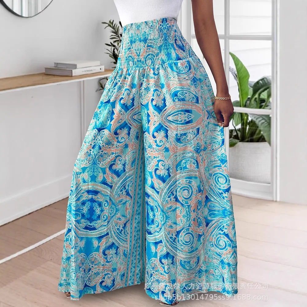 Long Pant Women Flare Pants A Line Print Floral Casual Loose Y2k Streetwear High Elastic Waist Wide Leg Trousers Elegant Maxi
