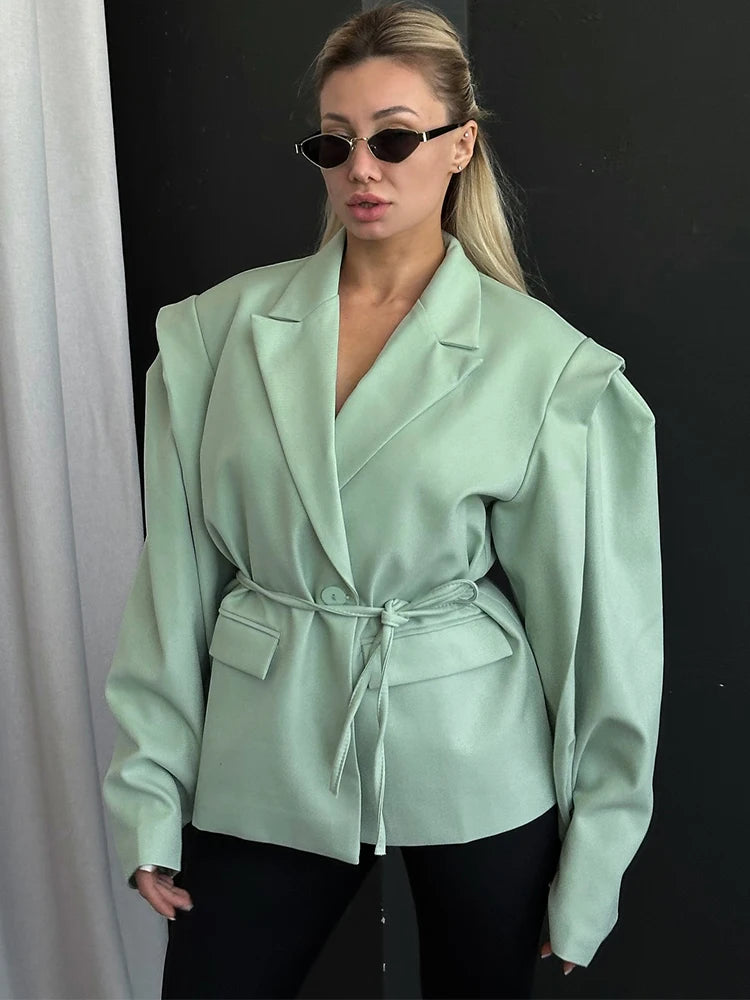 Chic Yellow Women's Lace Up Jacket Elegant Lapel V Neck Long Sleeves Wide Shoulder Loose Coat 2025 Autumn Female High Streetwear