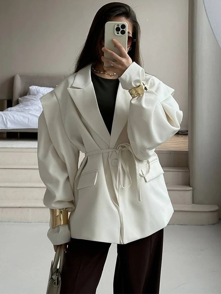 Chic Yellow Women's Lace Up Jacket Elegant Lapel V Neck Long Sleeves Wide Shoulder Loose Coat 2025 Autumn Female High Streetwear