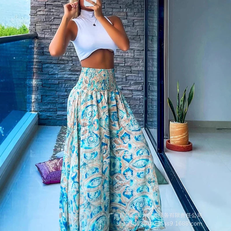 Long Pant Women Flare Pants A Line Print Floral Casual Loose Y2k Streetwear High Elastic Waist Wide Leg Trousers Elegant Maxi