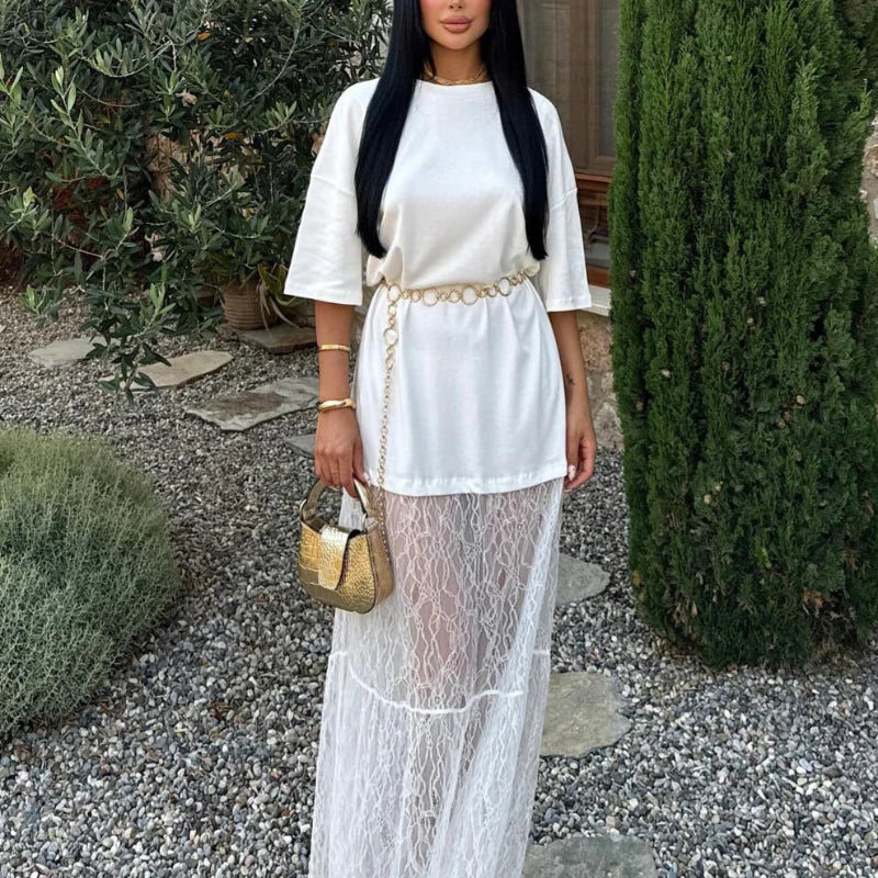Lace Dress Round Neck Sweater Stitching Lace Skirt 2025 Spring and Summer Sexy Spice Women's Dress