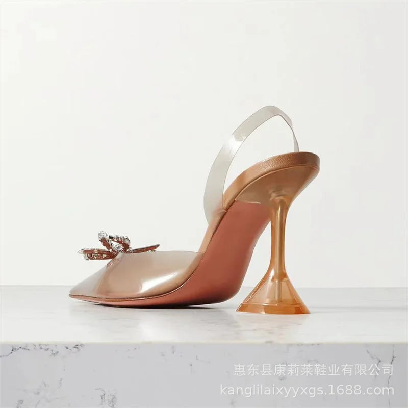 2025 New European And American Rhinestone Bow Transparent Heels Pointed Toe Jelly Fairy Style High Heels Candy Color Wine Glass
