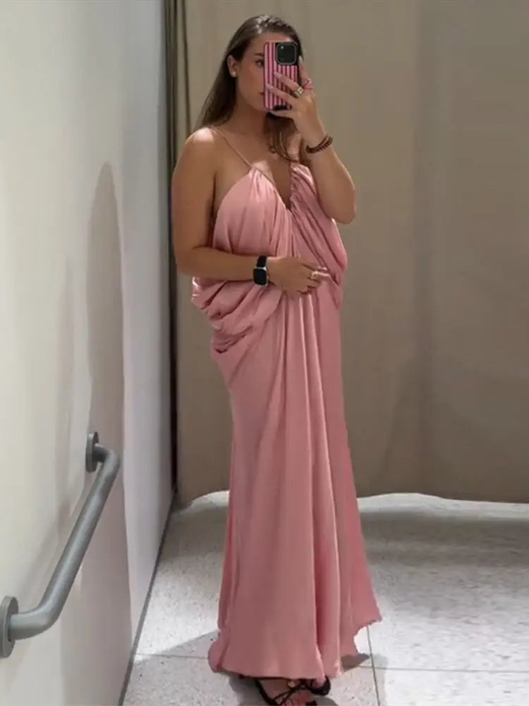 Sexy V-neck Sling Backless Long Dresses Fashion Solid Sleeveless Pleated Hip Packet Maxi Dress Summer Chic Evening Party Robes