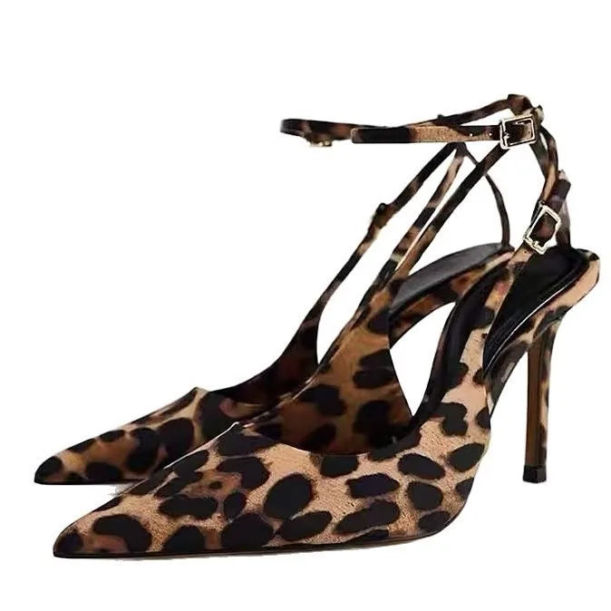Leopard High Heeled Women Sandals Pointed Toe Shallow Buckle Sexy Shoes Fashion Pumps 2025 Summer Slingback Sandalias De Mujer
