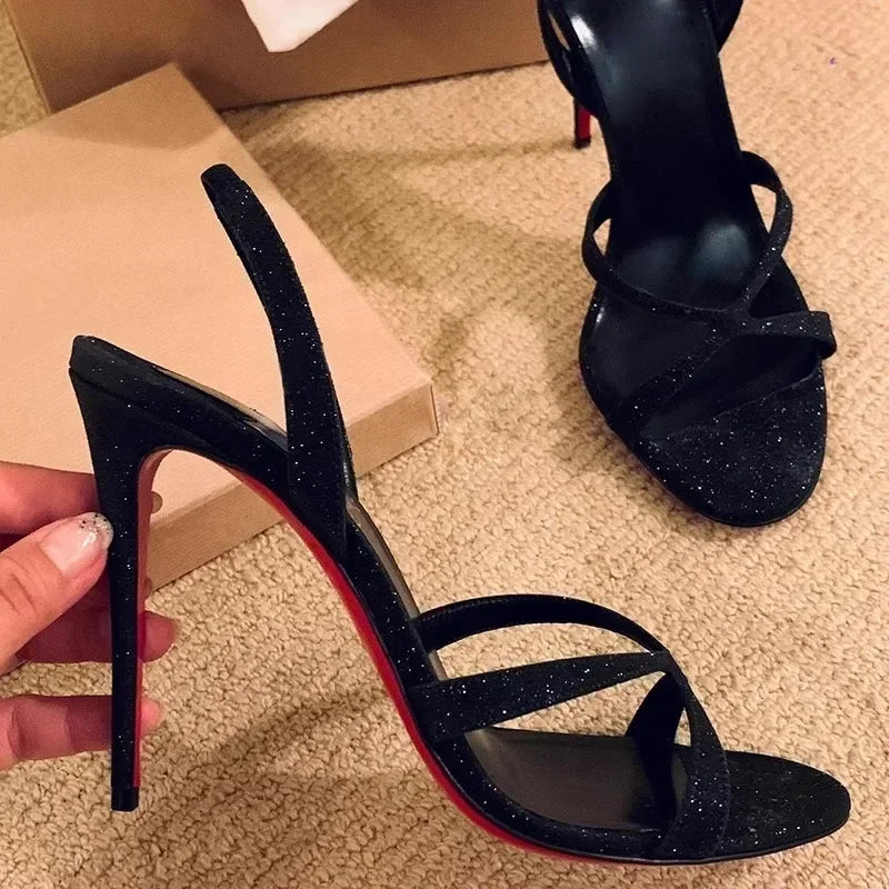 Summer Sexy Women's High Heel Sandals Thin Heels Bling One Kick Ladies Shoes Dress Banquet Lovely Elastic Luxury  Sandalias