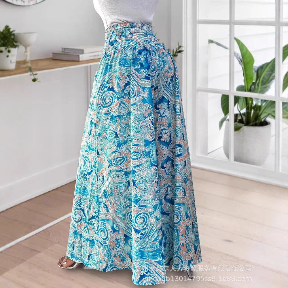 Long Pant Women Flare Pants A Line Print Floral Casual Loose Y2k Streetwear High Elastic Waist Wide Leg Trousers Elegant Maxi