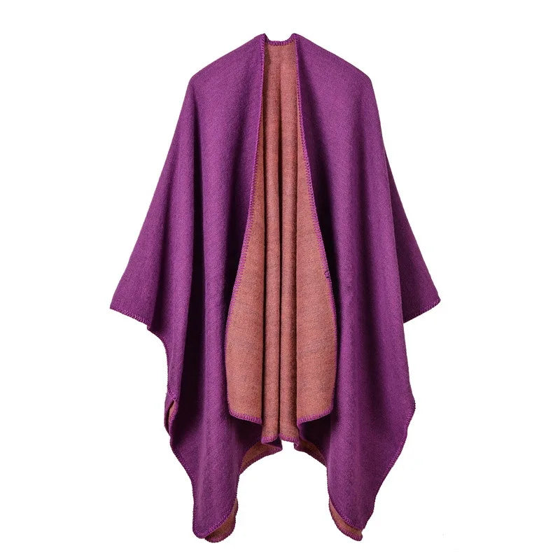 Autumn Winter Solid Color Imitation Cashmere Large Fork Shawl Warm Monochrome Cloak  Ponchos Capes Navy