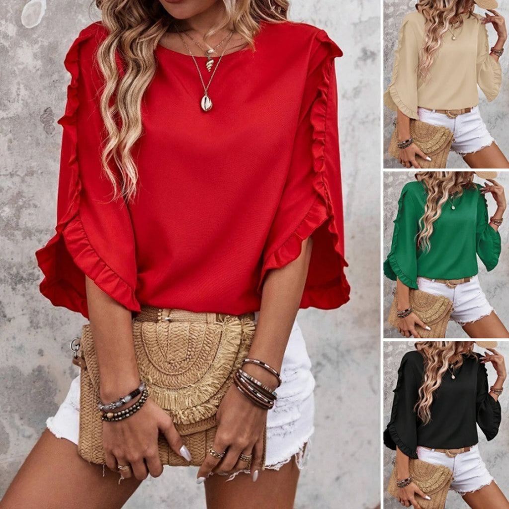 Loose Fit Shirt Stylish Women's Summer Tops Petal Sleeve Pleated T-shirt Solid Color Round Neck Blouse Casual for Large