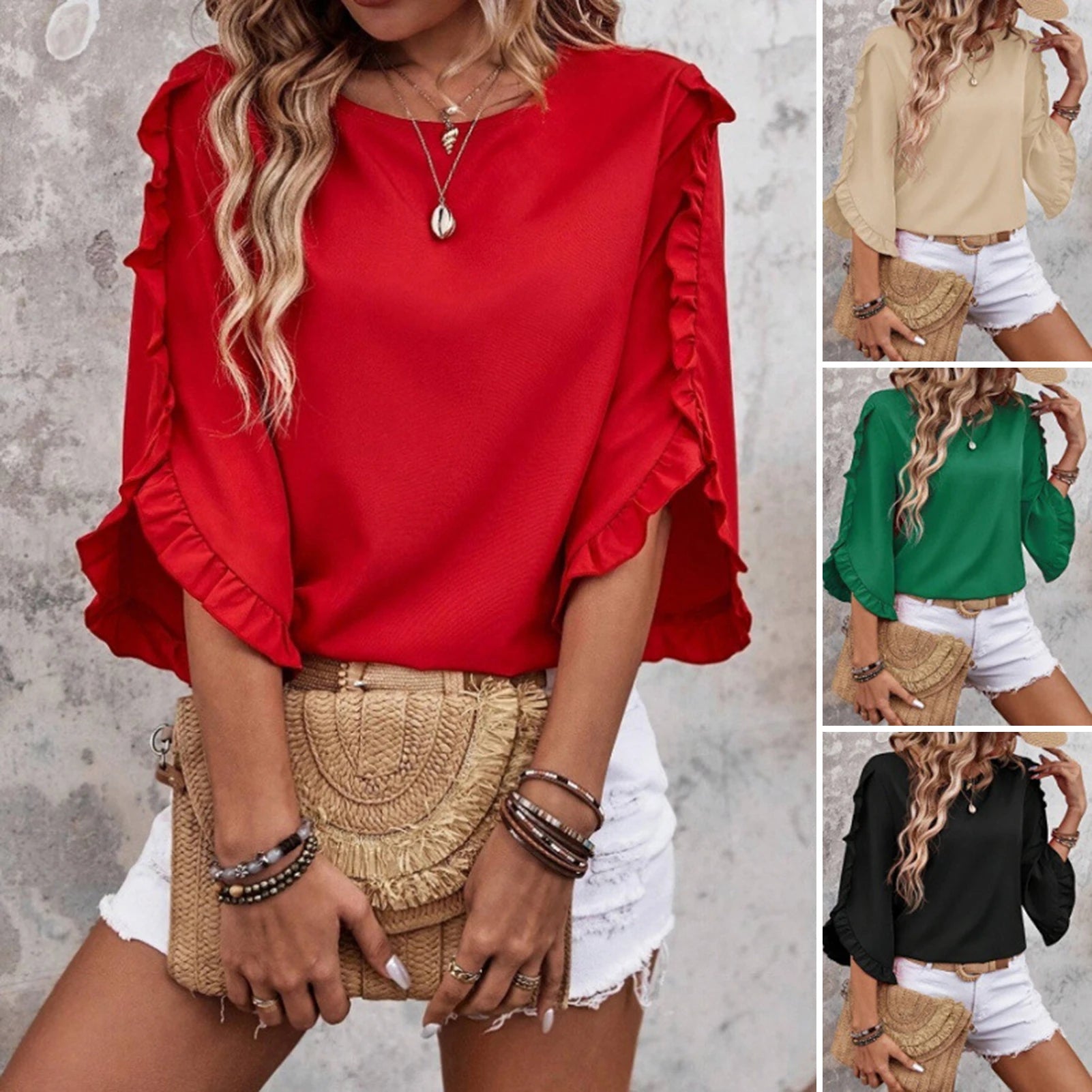 Loose Fit Shirt Stylish Women's Summer Tops Petal Sleeve Pleated T-shirt Solid Color Round Neck Blouse Casual for Large