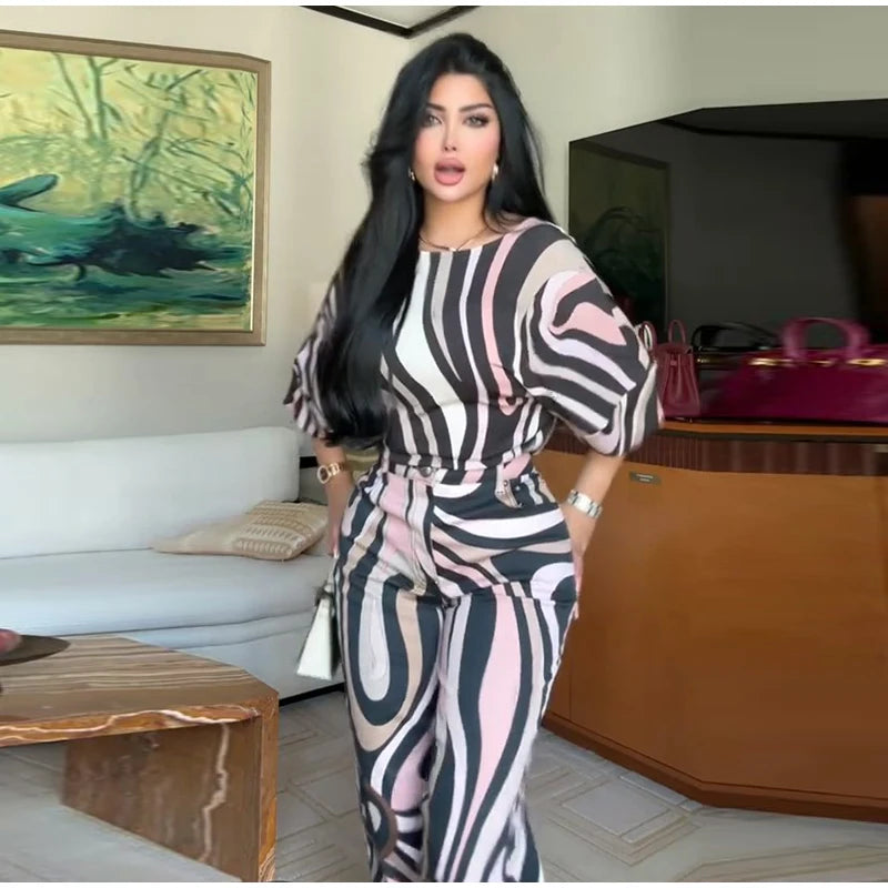 Chic Printed Short Jumpsuit Pants Set Women Slim O-neck Full Sleeve Romper Wide Leg Trouser 2025 Summer Autumn Lady Casual Suit