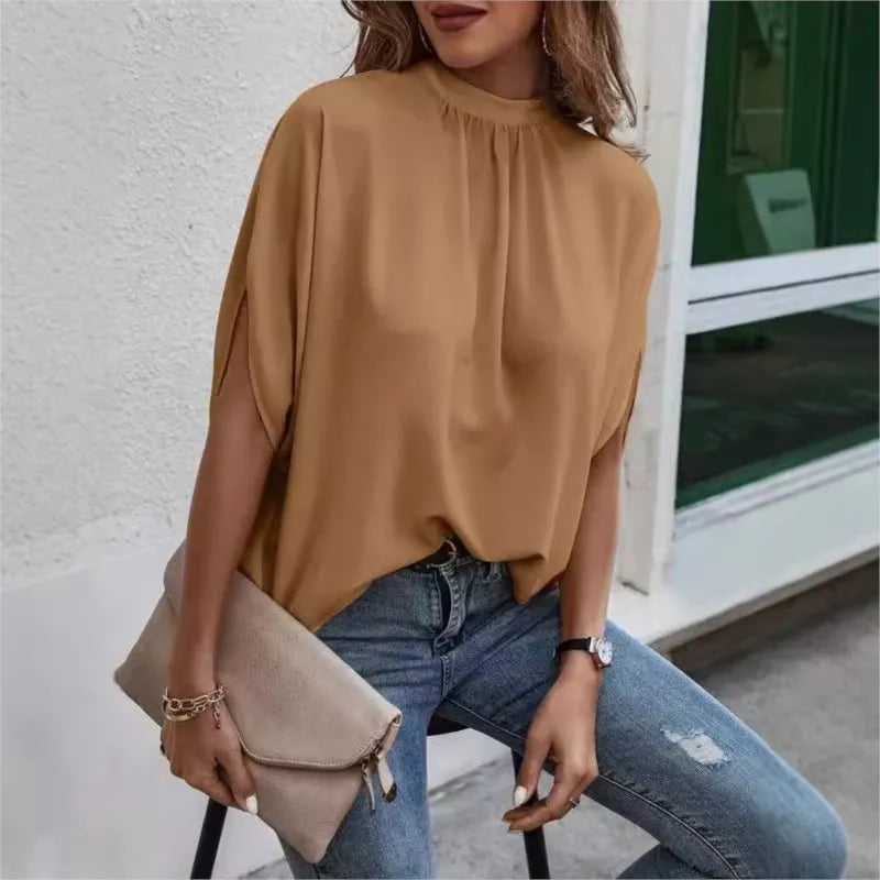Spring And Summer Casual Green Round Neck Short Sleeved Loose Shirt 2024 Women's Fashionable Printed Split Bat Sleeve Blouse Y2k