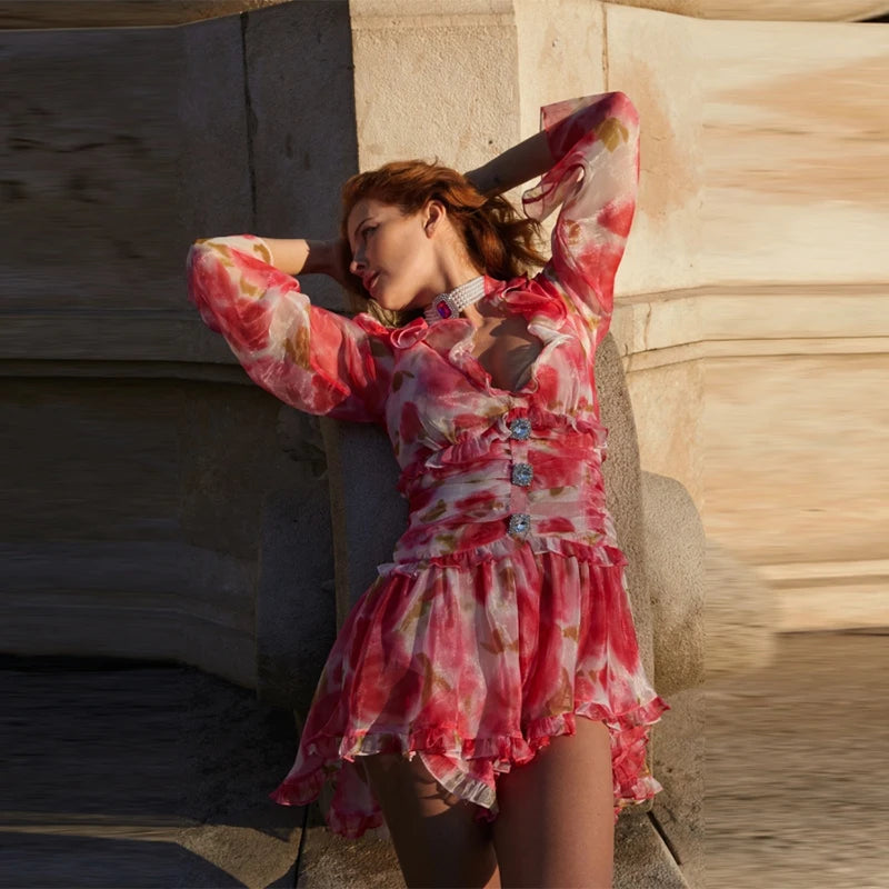 Retro Printed Ruffles Low Cut Mini Dress Lady Sexy Pleated Irregular Waist-cinching Dresses Female Summer Chic Street Vestidos