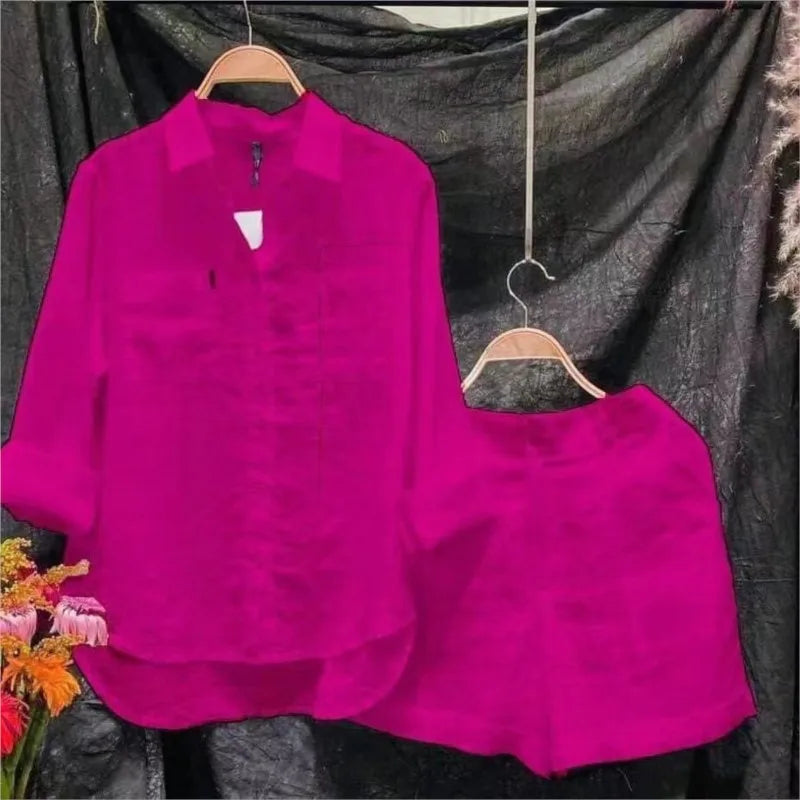 Summer Cotton Linen Casual Home 2 Piece Set For Women 2025 Fashion White Long Sleeve Shirt And Shorts Two Piece Sets Tracksuit