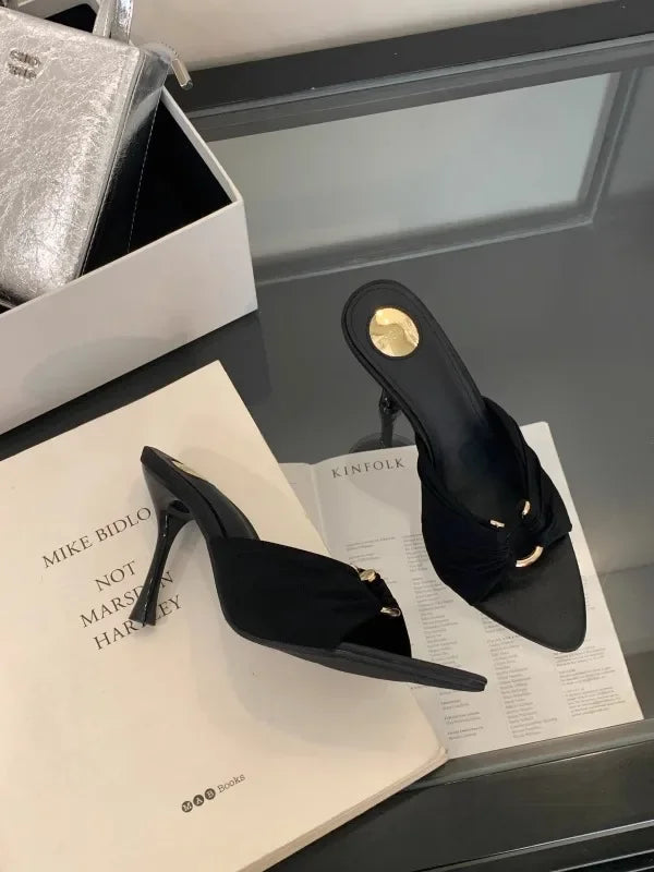 Women's High Heels Slippers Pointed Toe Metal Decoration Thin Heels Women Shoes Dress Fashion Korean Style Zapatillas De Mujer