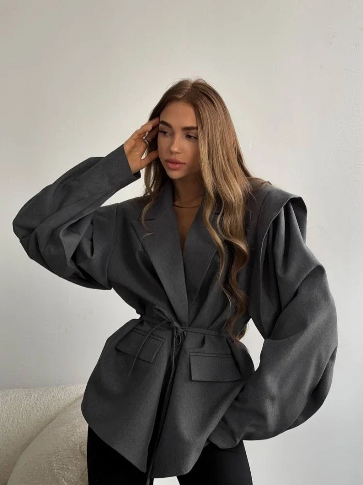 Chic Yellow Women's Lace Up Jacket Elegant Lapel V Neck Long Sleeves Wide Shoulder Loose Coat 2025 Autumn Female High Streetwear