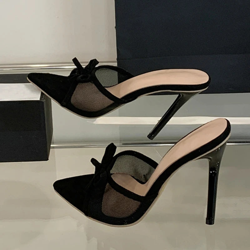 Liyke Street Fashion Bowknot Mesh Women Slippers Sandals Sexy Pointed Open Toe Black High Heels Mules Slides Party Banquet Shoes
