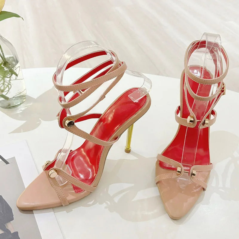 Liyke Brand Fashion Metal Decoration Designer High Heels Sandals Women Sexy Pointed Toe Party Stripper Shoes Sandalias Mujer