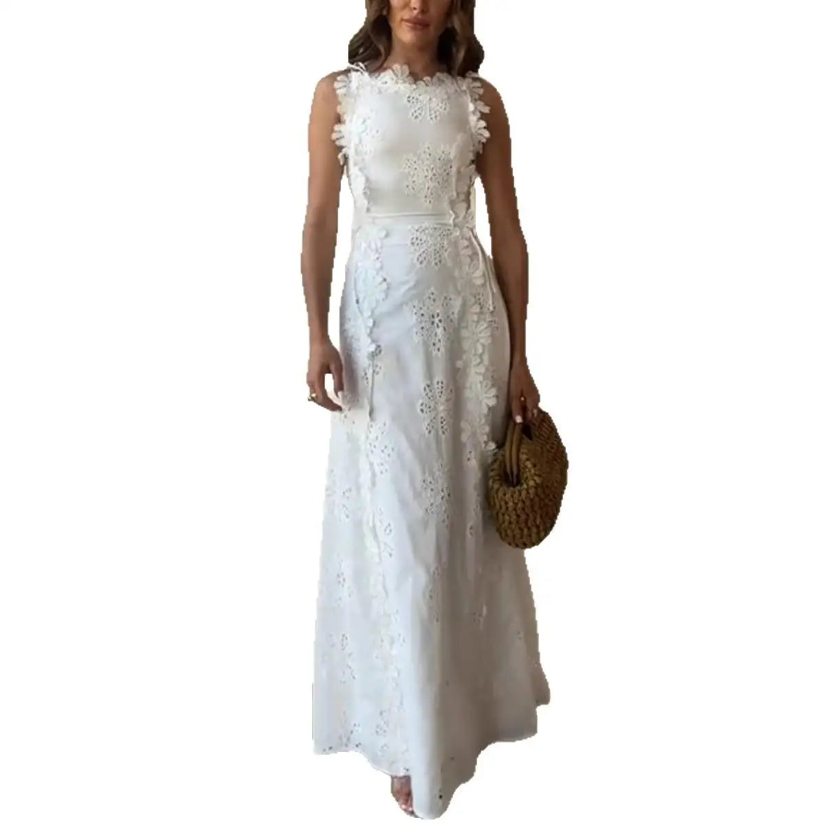 Lace Embroidered Flowers Dress Woman Waist Cinching Sleeveless Solid Color Long Dresses Hollow Out Elegant Fashion Women's Robe