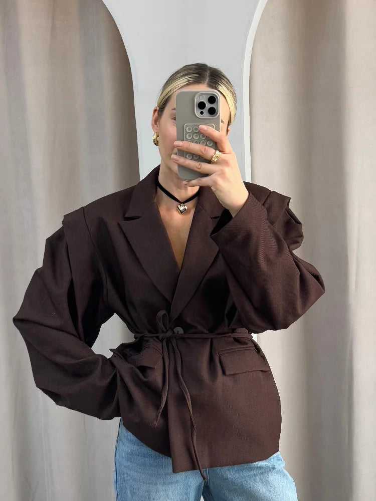 Chic Yellow Women's Lace Up Jacket Elegant Lapel V Neck Long Sleeves Wide Shoulder Loose Coat 2025 Autumn Female High Streetwear