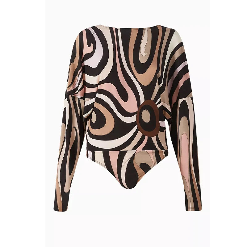 Chic Printed Short Jumpsuit Pants Set Women Slim O-neck Full Sleeve Romper Wide Leg Trouser 2025 Summer Autumn Lady Casual Suit