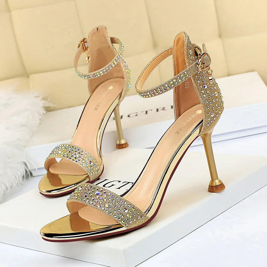 Women Summer Sandals High Heels Rhinestone Crystal Middle Heels Ankle Wedding Event Party Gold Shoes Elegant  1688-3