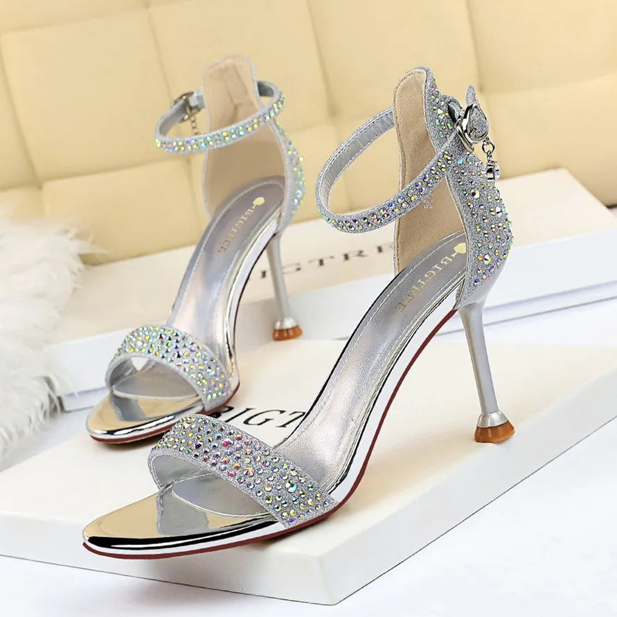 Women Summer Sandals High Heels Rhinestone Crystal Middle Heels Ankle Wedding Event Party Gold Shoes Elegant  1688-3