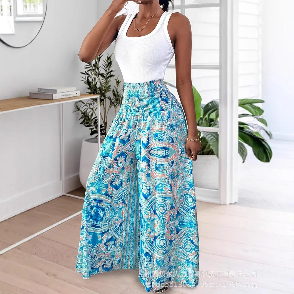 Long Pant Women Flare Pants A Line Print Floral Casual Loose Y2k Streetwear High Elastic Waist Wide Leg Trousers Elegant Maxi