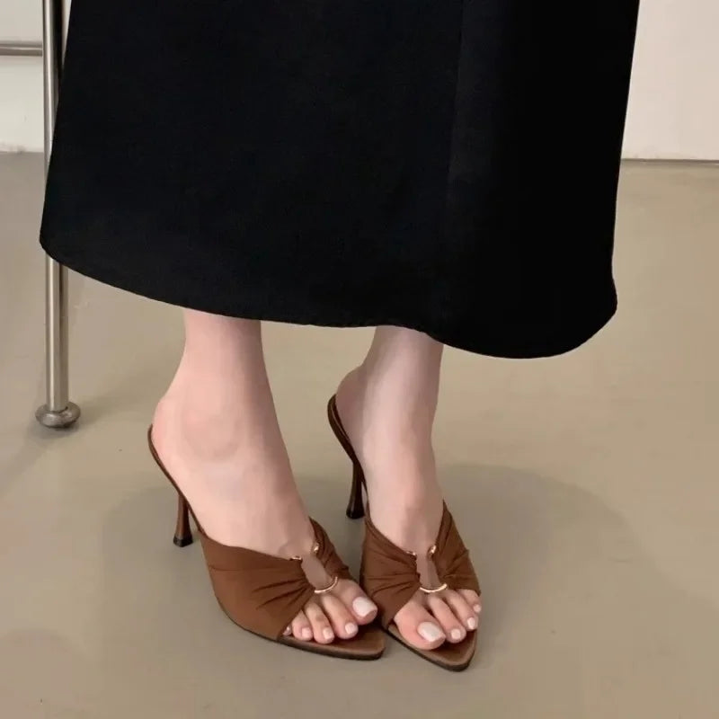 Women's High Heels Slippers Pointed Toe Metal Decoration Thin Heels Women Shoes Dress Fashion Korean Style Zapatillas De Mujer