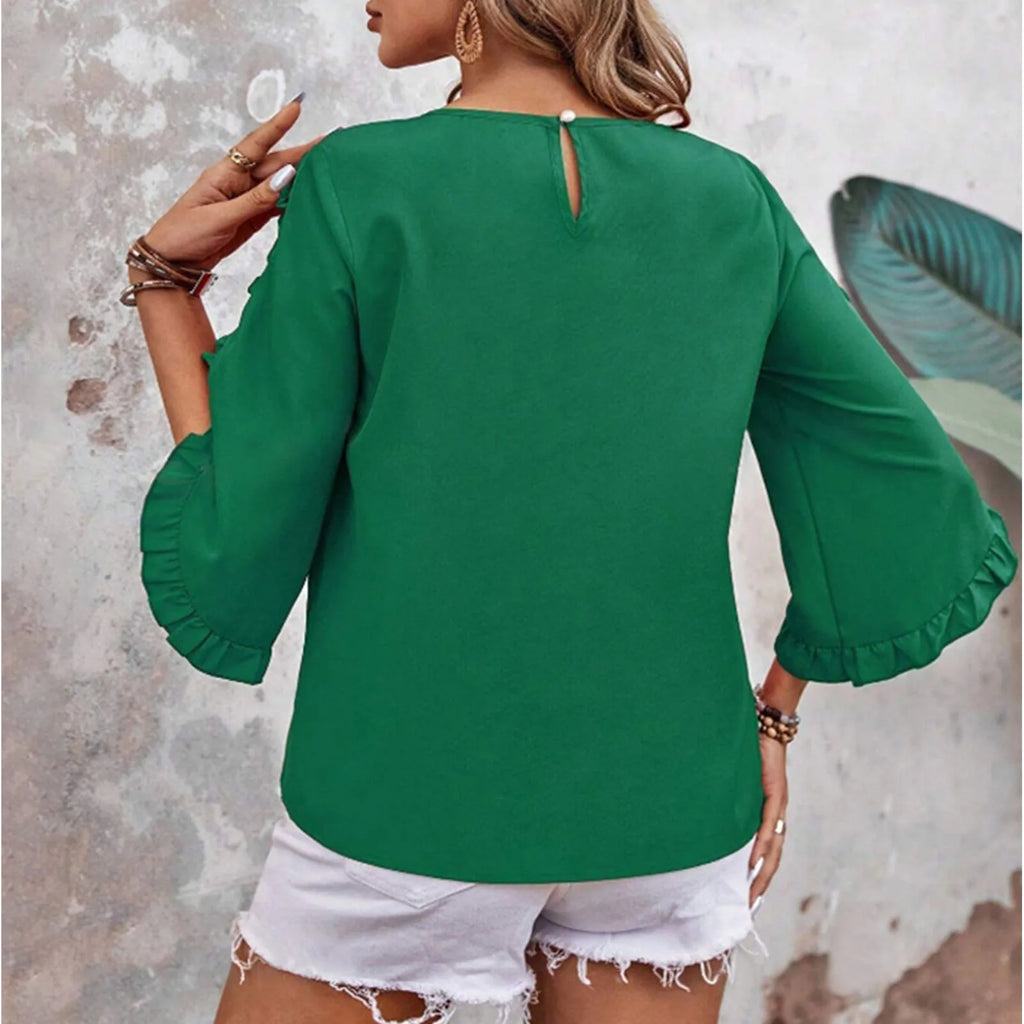 Loose Fit Shirt Stylish Women's Summer Tops Petal Sleeve Pleated T-shirt Solid Color Round Neck Blouse Casual for Large