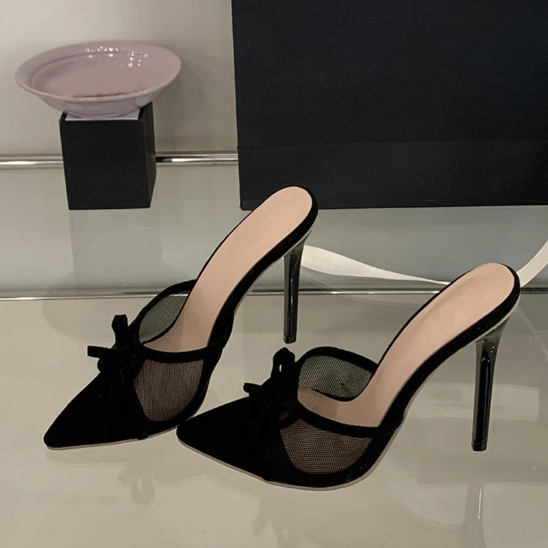 Liyke Street Fashion Bowknot Mesh Women Slippers Sandals Sexy Pointed Open Toe Black High Heels Mules Slides Party Banquet Shoes