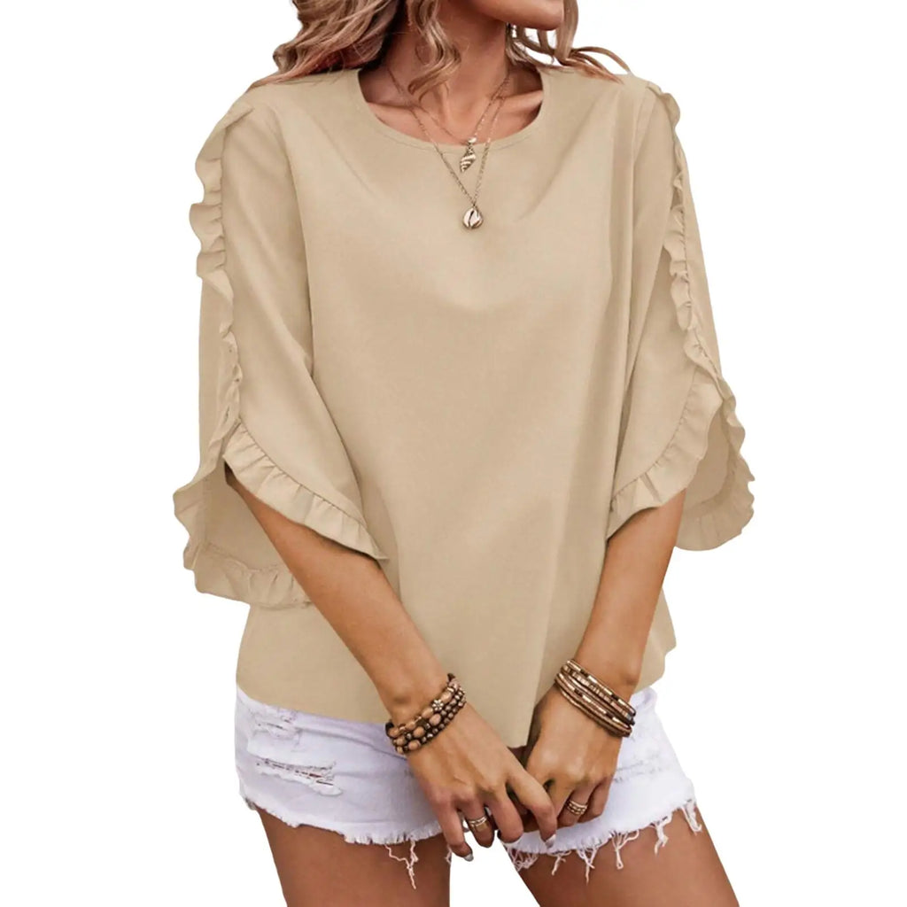 Loose Fit Shirt Stylish Women's Summer Tops Petal Sleeve Pleated T-shirt Solid Color Round Neck Blouse Casual for Large