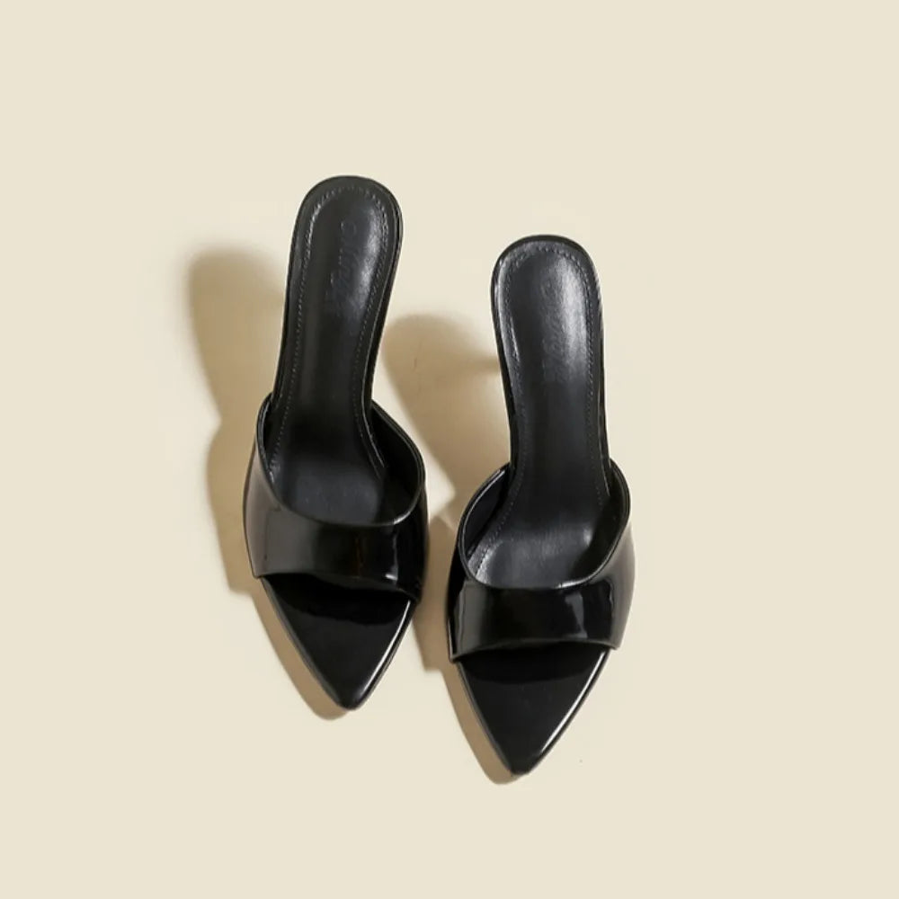 Women's Slippers 2025 New Summer Slim Heel Pointed Toe Worn with A Straight Drag Patent Leather High-heeled Slippers for Womens