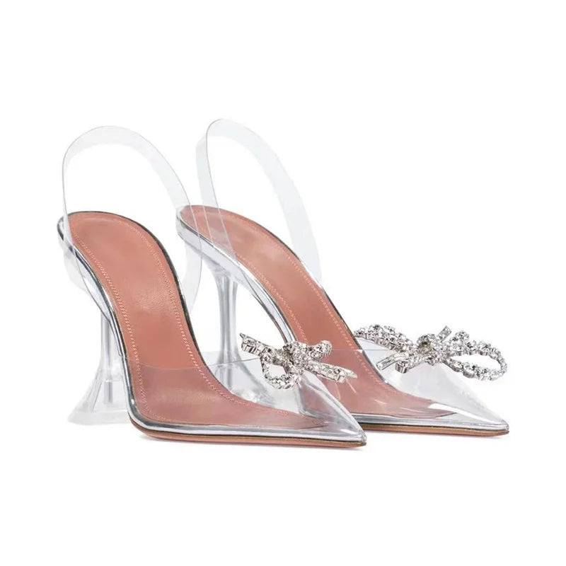 2025 New European And American Rhinestone Bow Transparent Heels Pointed Toe Jelly Fairy Style High Heels Candy Color Wine Glass