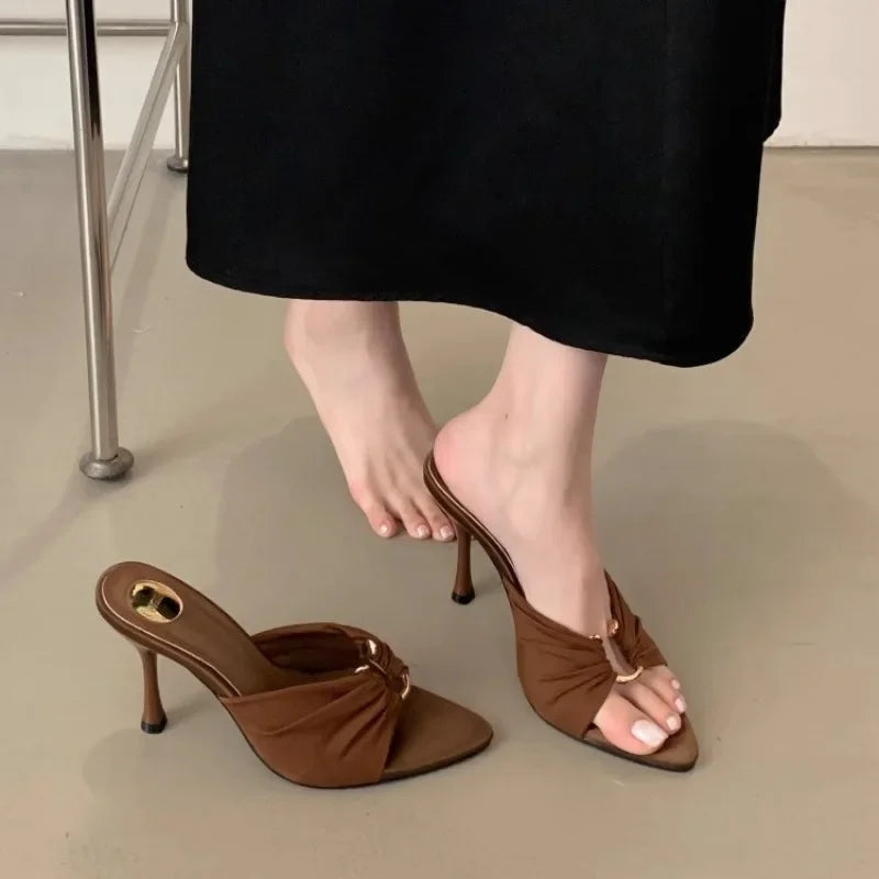 Women's High Heels Slippers Pointed Toe Metal Decoration Thin Heels Women Shoes Dress Fashion Korean Style Zapatillas De Mujer