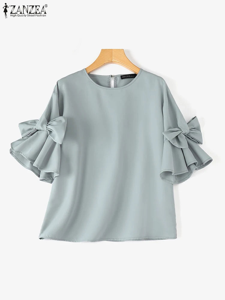 ZANZEA 2025 Summer Tops Women Bow Tie Ruffles Chiffon Blouse Elegant Lantern Short Sleeve Shiirt Vintage Patchwork Korean Tunic