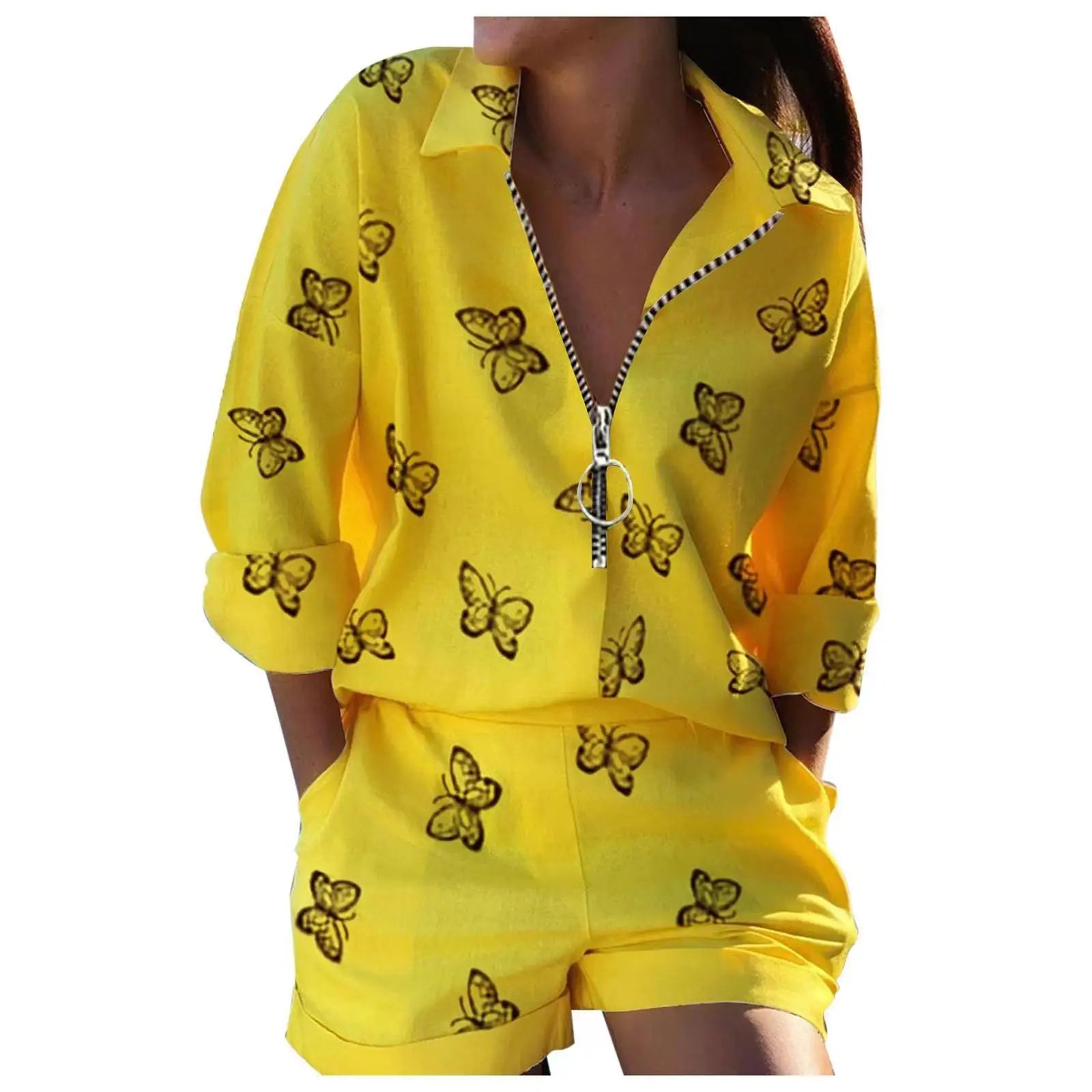 Summer New Suit Women's Top Lapel Long-sleeved Printed Zipper Shorts Two-piece Office Casual And Comfortable Suit