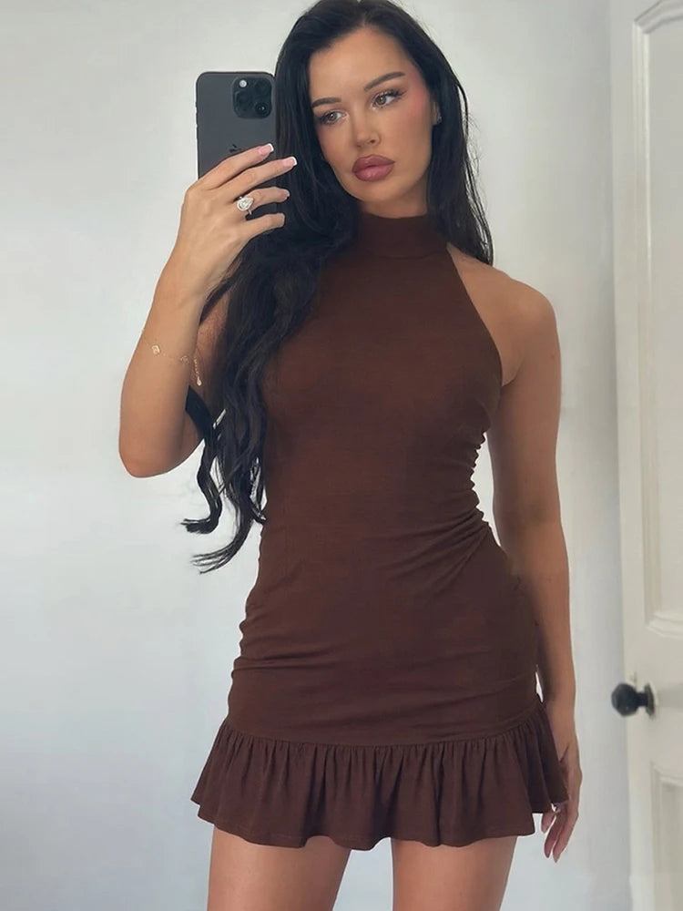 Sisterlinda Concise Basic Mini Dress Hipster Solid Halter Sexy Backless Ruffle Sleeveless Bodycon Female Classic Party Vestidos