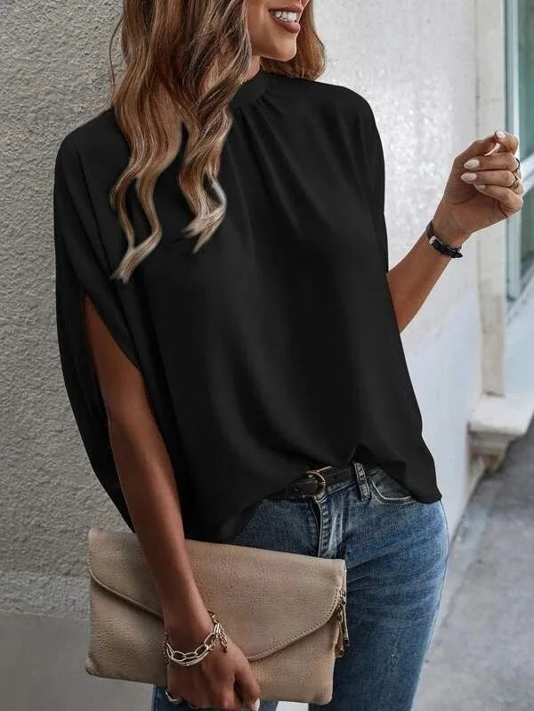 Spring And Summer Casual Green Round Neck Short Sleeved Loose Shirt 2024 Women's Fashionable Printed Split Bat Sleeve Blouse Y2k