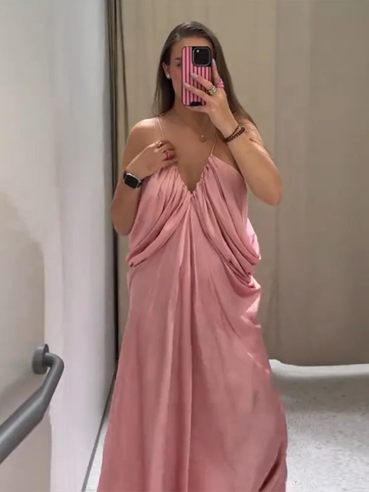 Sexy V-neck Sling Backless Long Dresses Fashion Solid Sleeveless Pleated Hip Packet Maxi Dress Summer Chic Evening Party Robes
