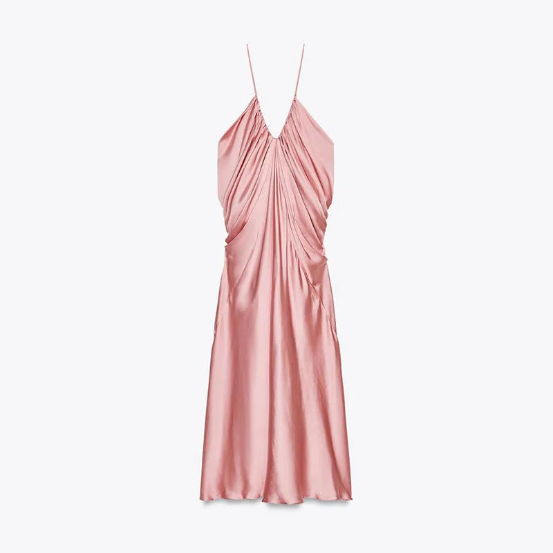 Sexy V-neck Sling Backless Long Dresses Fashion Solid Sleeveless Pleated Hip Packet Maxi Dress Summer Chic Evening Party Robes